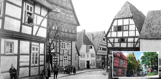 hafermarkt_alt01_web In der Oberen Mühlenstraße sind die alten Fachwerkhäuser - außer dem „Haus Backs“ (links) – mittlerweile abgebrochen und durch moderne Bauten ersetzt worden. Bild unten um 1900.